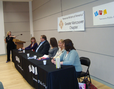 Susan Lyons with Kate Austin, Lee McKenzie, R.G. Hart, Kaylea Cross, and Eileen Cook at a Vancouver Public Library event