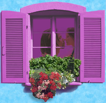 A pink window frames two people kissing