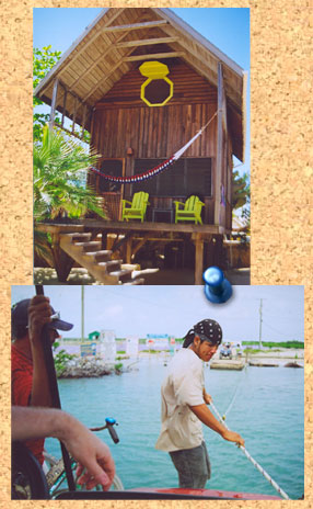 A simple but comfortable beach house with yellow wooden chairs on the porch, and a swarthy boat hand.