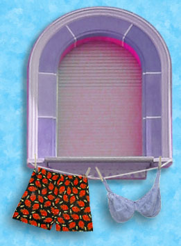 Boxers and an bra hang from a clothesline under a window, while inside a buff male stands in the shadows