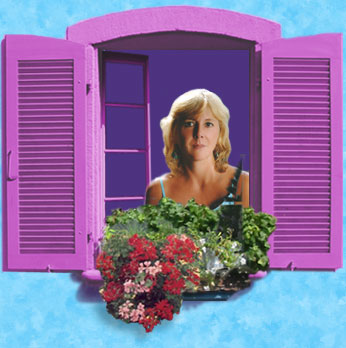Portrait of chick lit author Susan Lyons, in a hot pink window